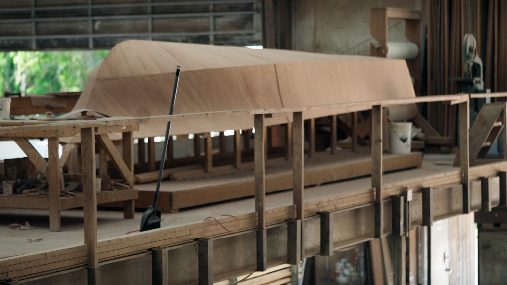 Harrison Boatworksu2019 cold-molding-process begins with u201cLofting.u201d This technique requires the boat body to be shaped along a wooden frame which Harrison handmakes and reuses for different projects.