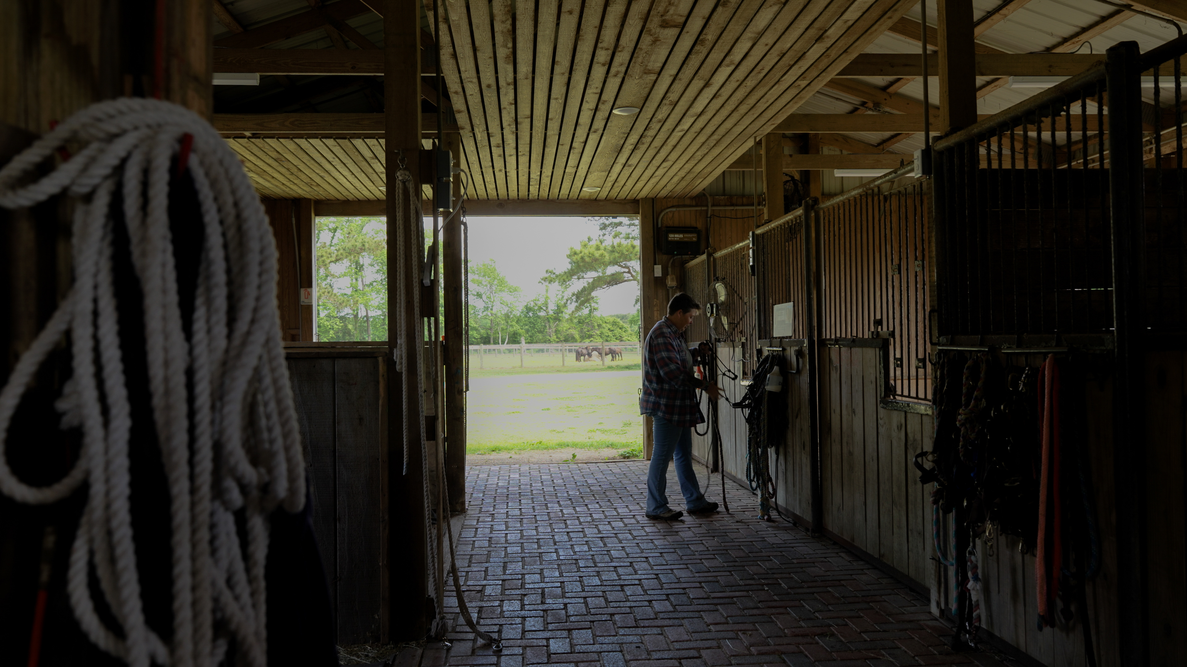 Meg Puckett, director of herd management at the Corolla Wild Horse Fund, takes ropes from a wall of the barn before bu2026