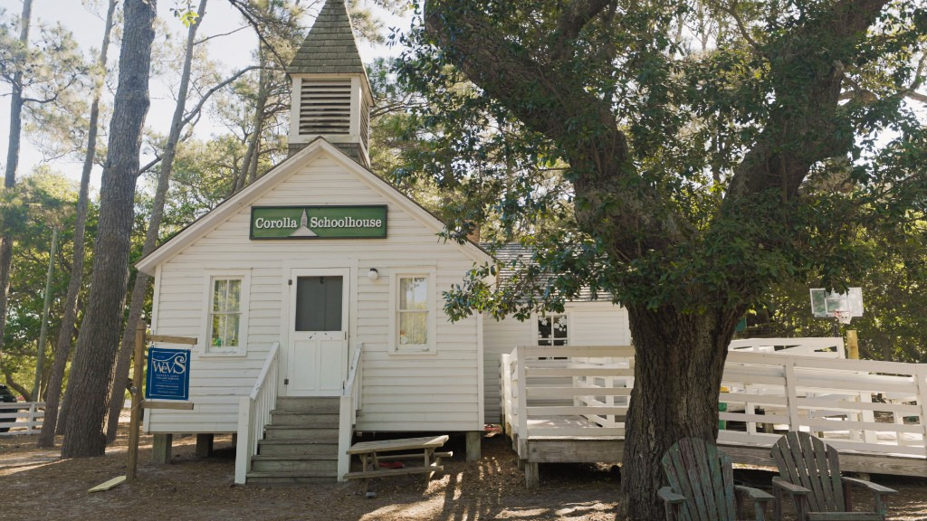 The one room schoolhouse stands amongst trees after the schoolday has ended.