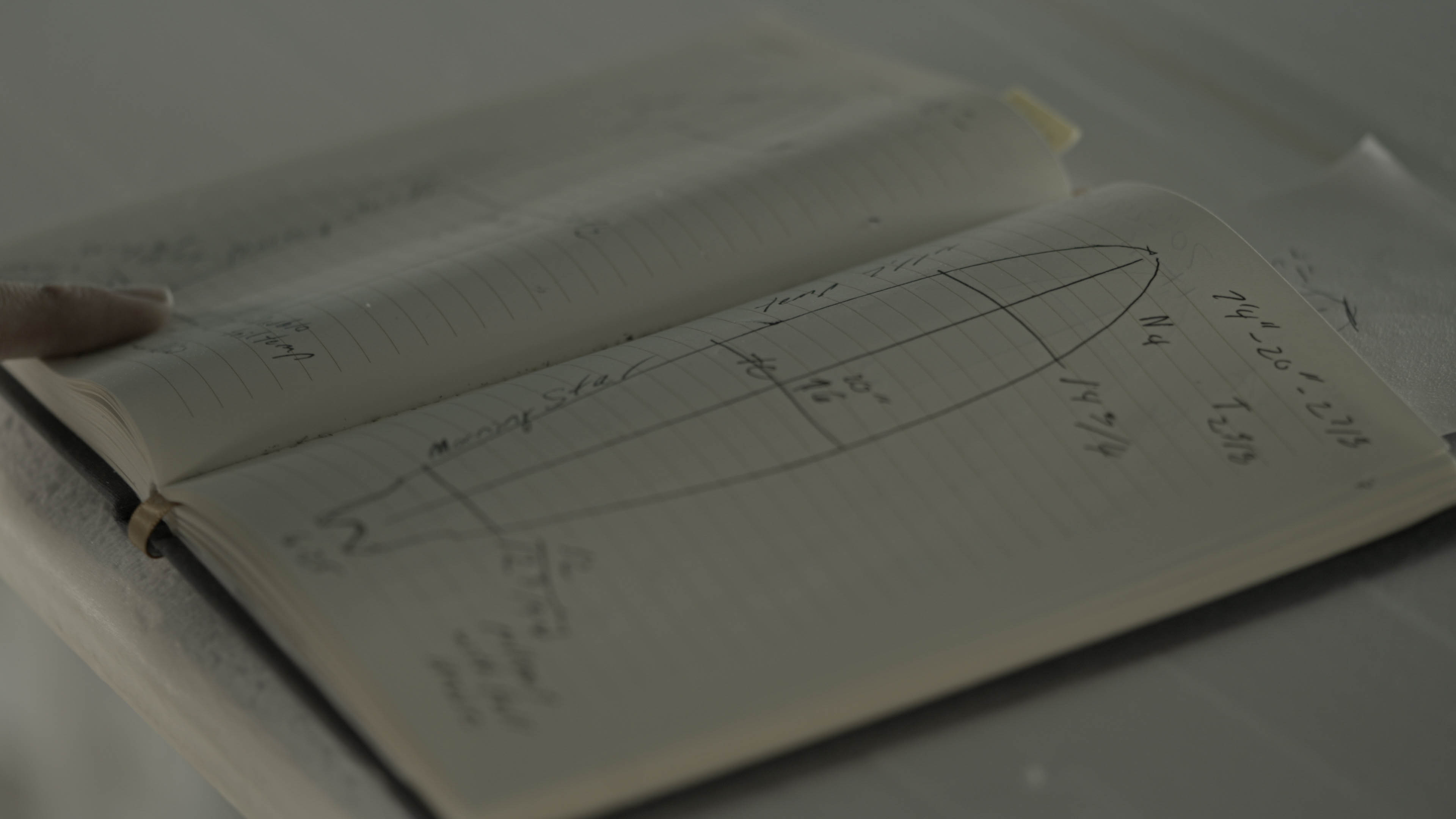 Sketches of the outline of a surfboard including dimensions and other notes.